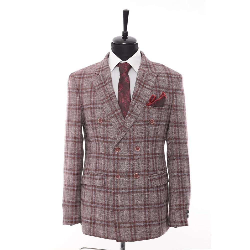 Derman Suits' Burgundy Plaid Double-Breasted Jacket, Turkish Import